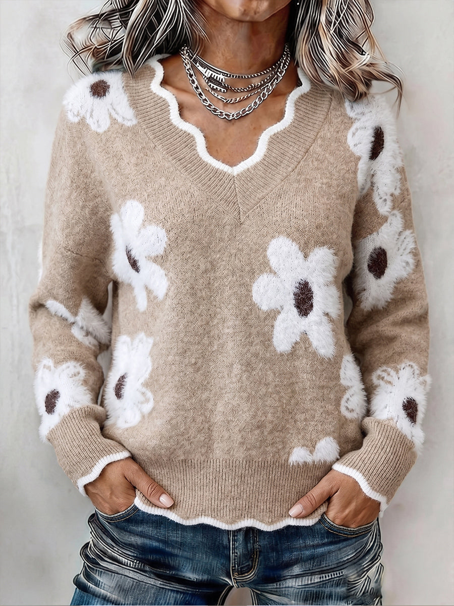 Pull-over en maille floral Danoir Paris Ellsbeth™ avec col en V à bords festonnés, motif fleuri et coupe élégante.