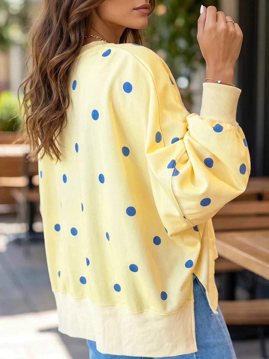 Sweatshirt Danoir Paris en jaune soleil et bleu à pois, casual et confortable, avec col rond et manches longues.
