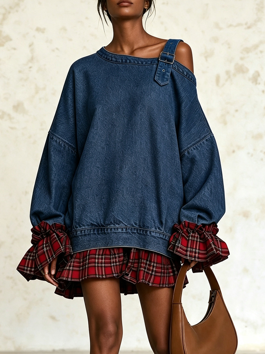 Robe mini asymétrique en jean avec sangle à boucle, vêtement tendance de la marque Danoir Paris, vue de face.