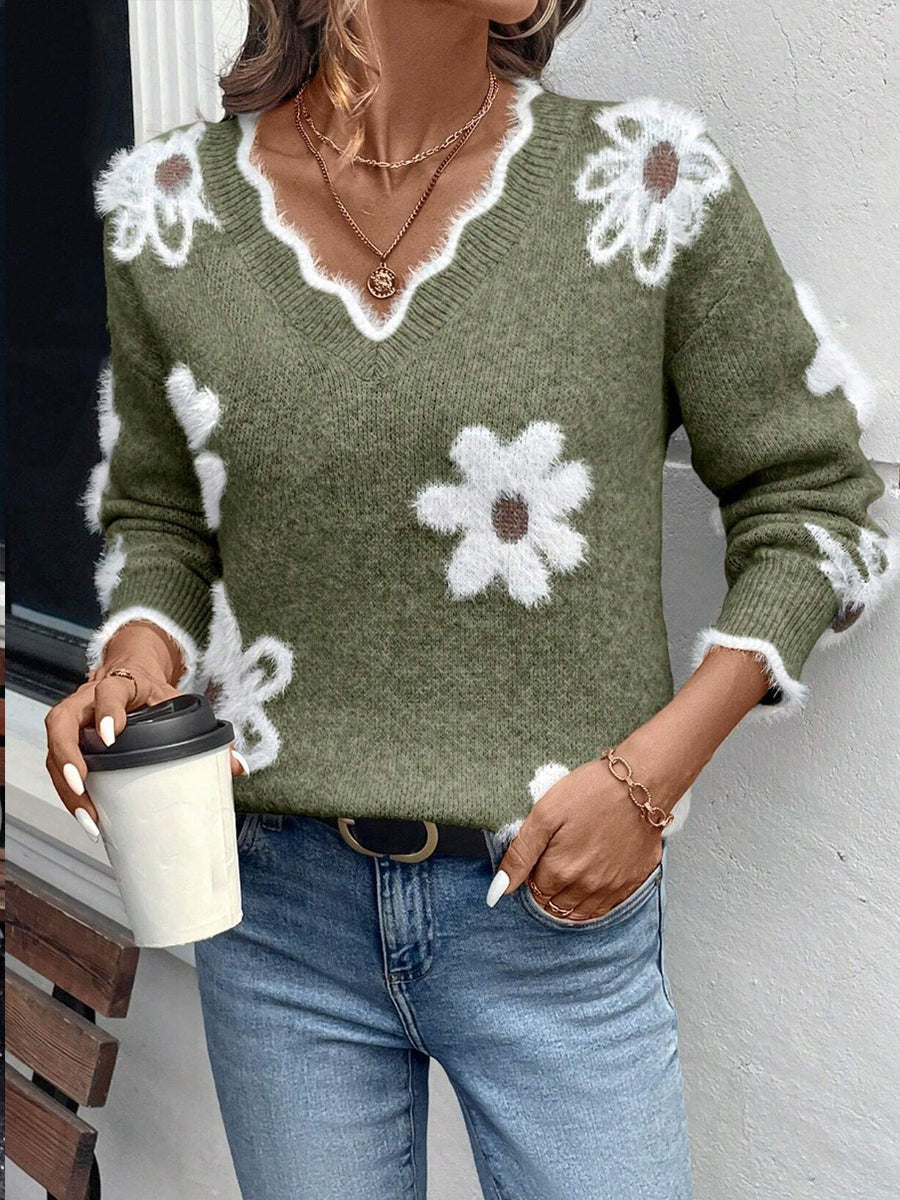Pull-over en maille florale Danoir Paris Ellsbeth™ avec col en V à bordures festonnées, douceur et élégance.