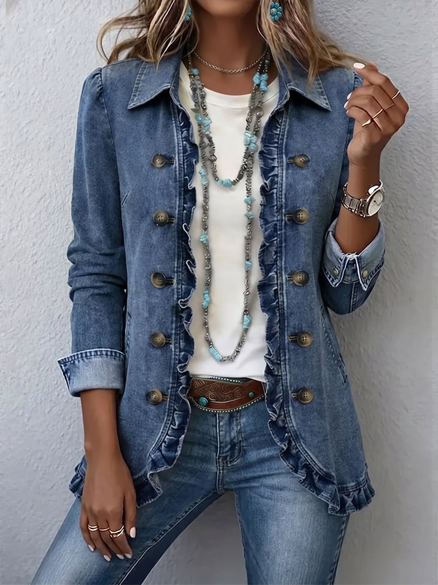 Veste bleue moyenne à volants de la marque Danoir Paris, visible avec détails de tissu et design élégant.