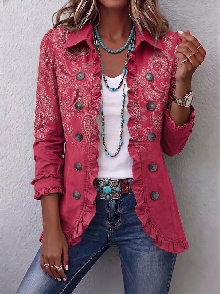 Veste vintage Danoir Paris Iseult en rose antique avec motif paisley et volants, style élégant et féminin, fermeture à boutons.