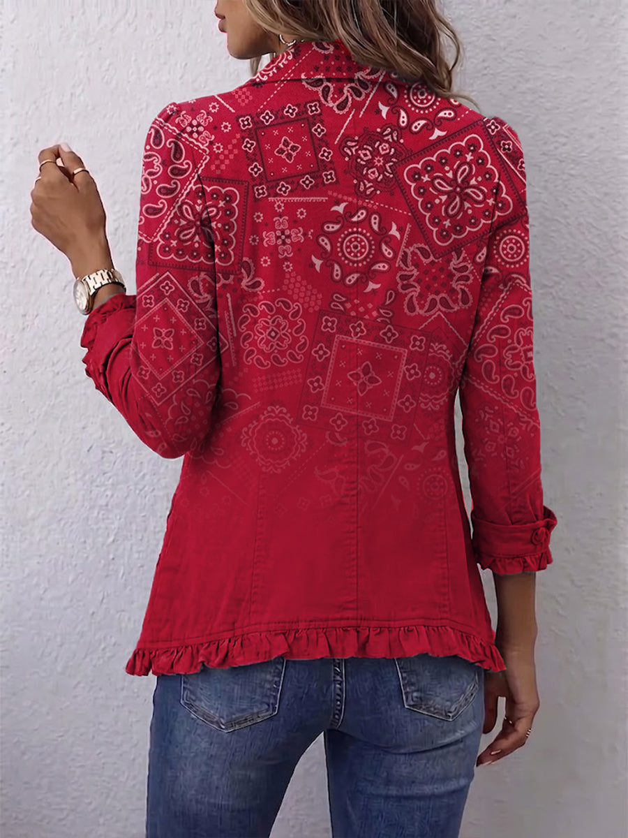 Veste bohème Gaëlle Danoir Paris avec motif paisley dégradé rouge et volant, style élégant et féminin.