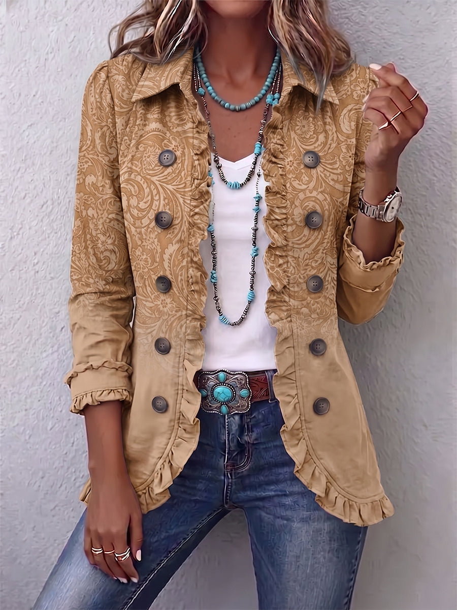Veste western Danoir Paris Claire en kaki avec imprimé et volants, style bohème et détails tendance.