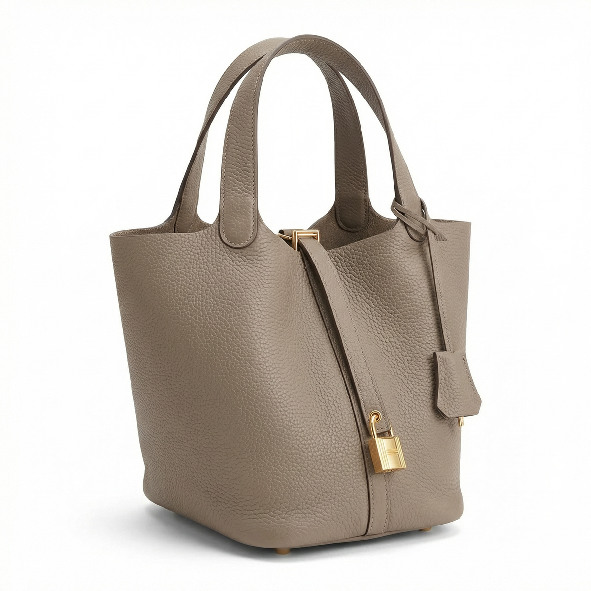 Sac seau Portico de Danoir Paris en taupe, avec bandoulière et design élégant visible sur l'image.