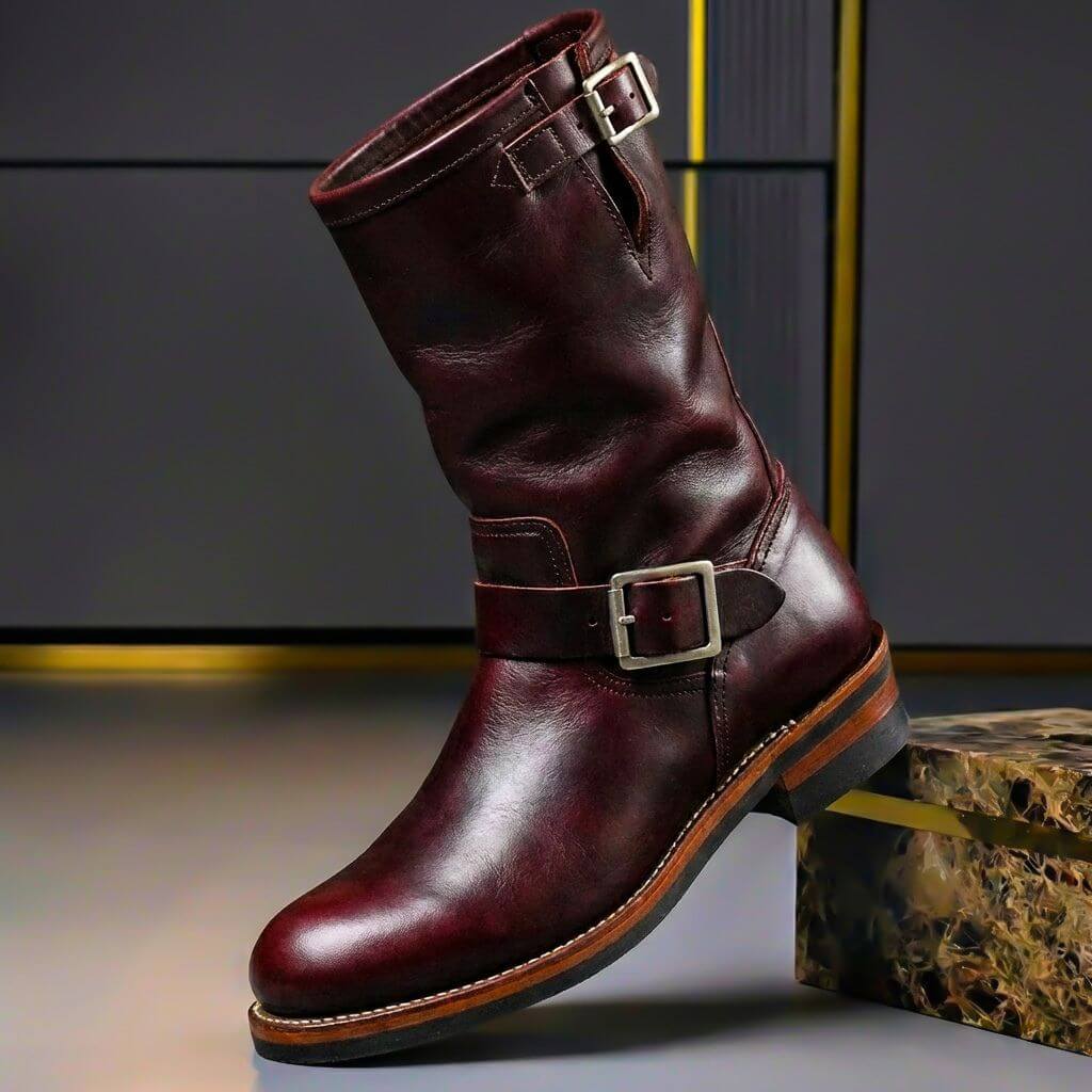 Bottes en cuir vintage rouges Danoir Paris avec talons, fermeture à glissière et design élégant pour femme.