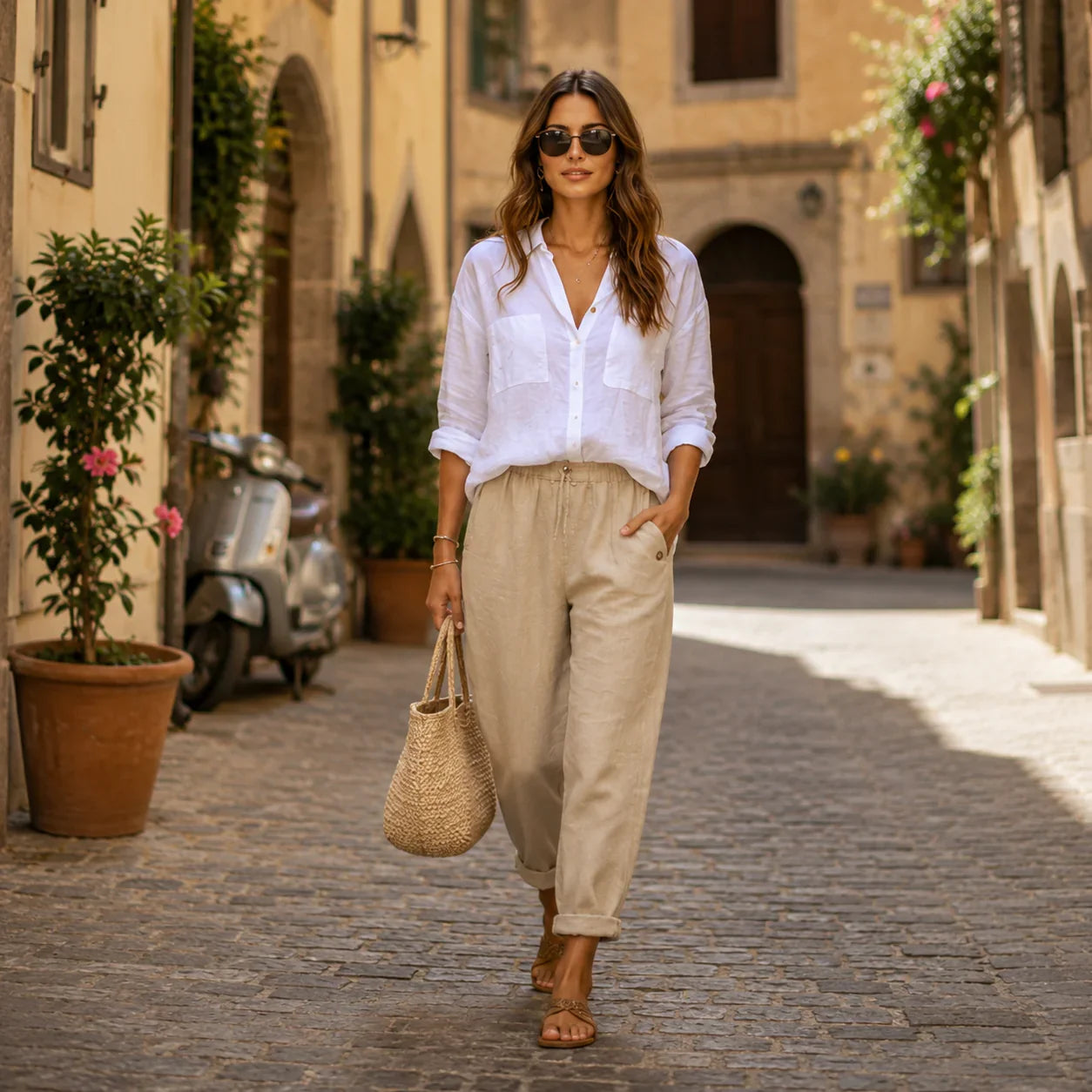 Pantalon chic et confortable Samantha de Danoir Paris porté par un modèle, en tissu fluide et élégant, coupe moderne.