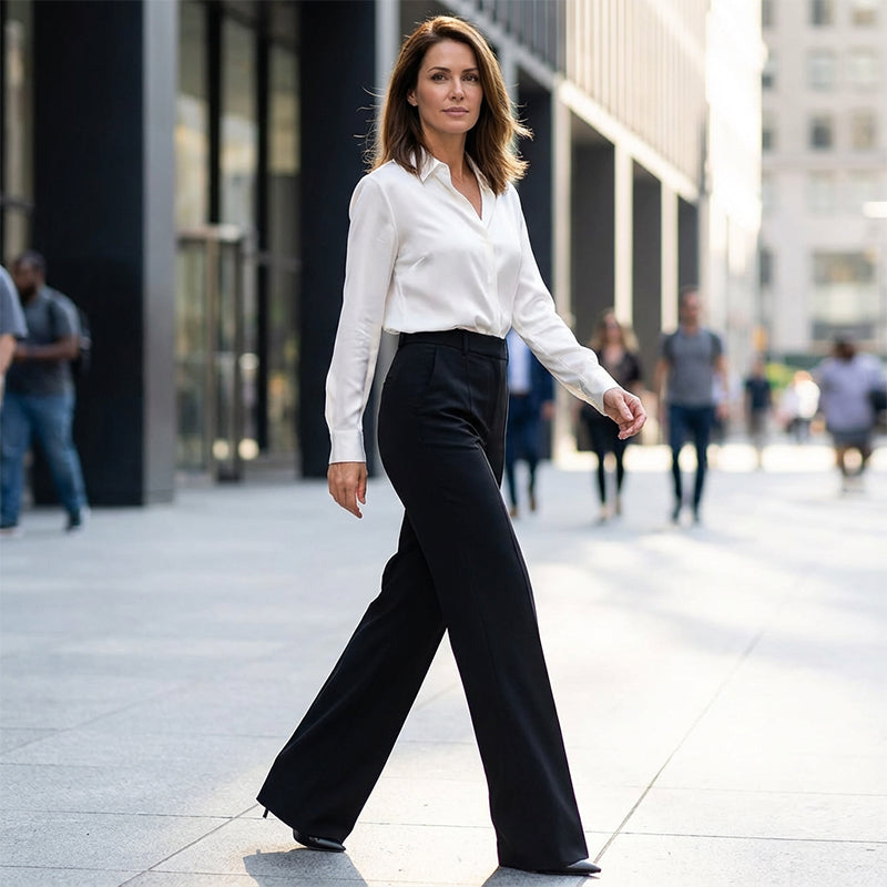 Pantalon de costume taille haute pour femmes Danoir Paris, coupe élégante, tissu noir, porté avec une blouse blanche.