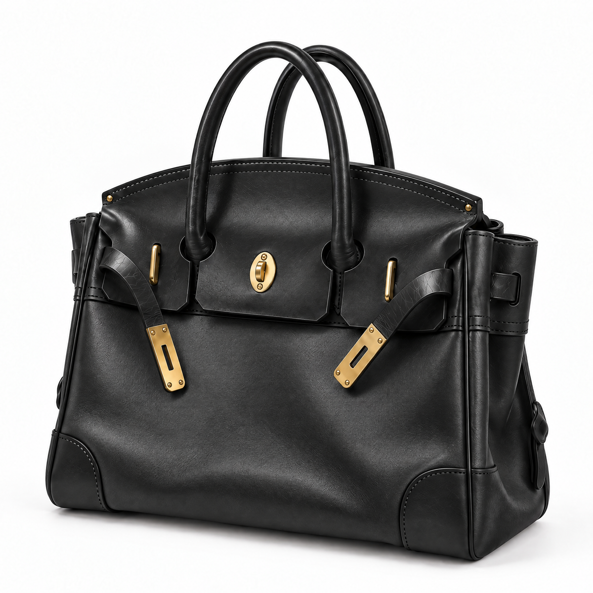 Sac à main Vivienne en cuir noir de Danoir Paris, vue en trois-quarts, fait main avec détails élégants.