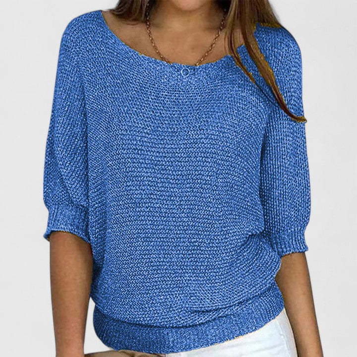 Pull en maille Rachel de Danoir Paris, sans effort, porté avec col rond et manches longues, couleur neutre, vue de face.